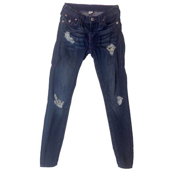 True Religion Denim - TRUE RELIGION WOMENS SUPER SKINNY JEANS SZ 26 BLUE DISTRESSED DARK DESIGNER LOGO